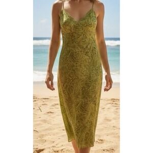 Unbranded Monstera Leaf Batik Slip Dress Womens Green Tropical Midi Good